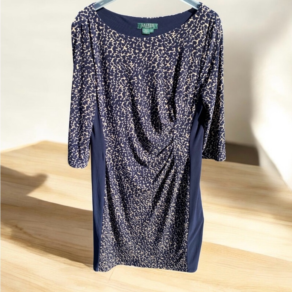 Ralph Lauren Blue and Cream Abstract Dress with 3/4 length sleeves